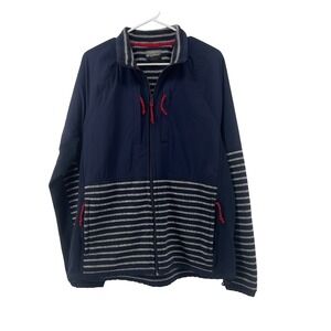 J.Crew Men L Nordic Full Zip Long Sleeve Fleece Jacket Navy Grey Striped Pockets